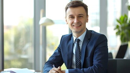Fototapeta premium Confident Young Business Executive Smiling in Modern Office Setting
