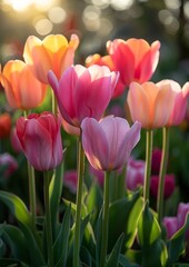 Fototapeta premium Colorful tulips in a garden, ideal for springtime themes. 