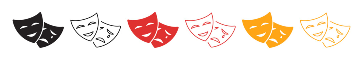 Colorful masquerade vector icon set. Comedy and tragedy mask symbol. Happy and sad mask symbol.