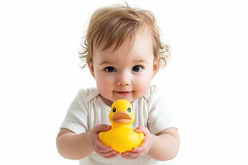 baby holding a rubber duck, isolated on white
