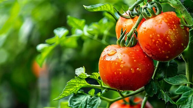 Fresh red tomatoes on vine, dewy and ripe, in garden setting