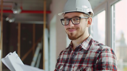 Confident Young Civil Engineer Reviewing Plans at Construction Worksite