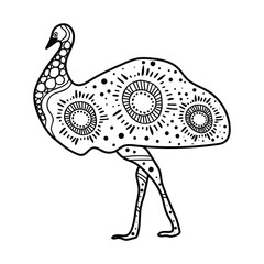 Aboriginal-style artwork featuring a sketched Emu