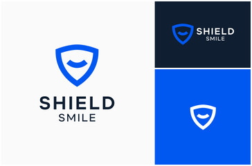 Shield Protect Security Armor Safety Privacy Smile Happy Happiness Vector Logo Design Illustration