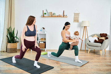A young beautiful mother and her baby are peacefully practicing yoga together in a cozy living room.
