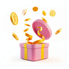 Pink Gift Box With Gold Coins Exploding