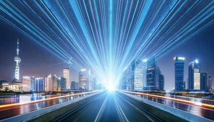 Obraz premium Futuristic cityscape at night featuring light trails and modern skyscrapers, representing advanced technology, rapid urban development, and the vibrant energy of a modern metropolis. 