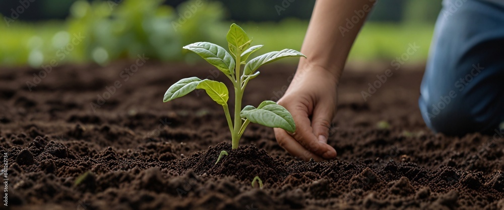 Wall mural Hands of farmer showing black soil in agricultural field. Farmer holding in hands fresh fertile soil before sowing