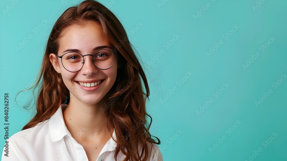 Sticker Confident Young Female Business Professional Smiling Happily in Modern Office Setting