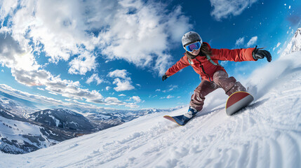 Snowboarder in action on a sunny day with a clear blue sky and snowy mountainside