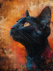 colorful graffiti of a black cat portrait