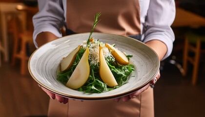 salad with beef and arugula and pears with parmesan cheese, honey sauce; close up view of the chef's serving plate