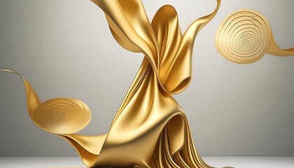 Flowing gold fabric creating dynamic, sculptural shapes against a neutral background. The fabric's fluid motion and luxurious gold color create a striking visual effect, emphasizing texture and form.	