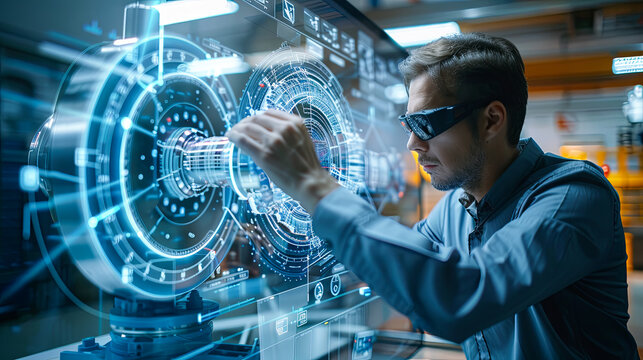 Smart industry 4.0 concept - young man in virtual reality glasses working with virtual panel interface