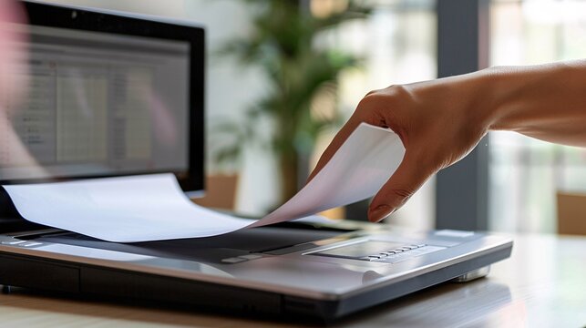 A hand placing a piece of paper on a flatbed scanner with a laptop in the background, captured with selective focus and motion blur.