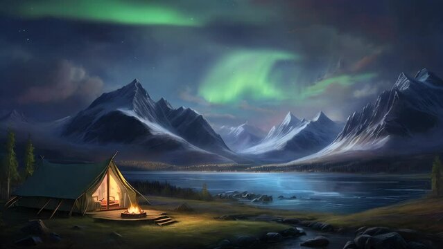 Winter landscape with aurora borealis. AI