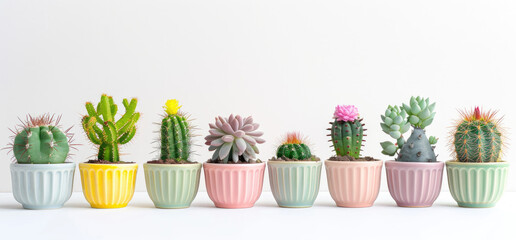 A row of colorful pastel colored cacti and succulents in various shaped pots on a white background