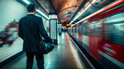 Professional man in a suit waiting for a train at a crowded subway platform seen from behind