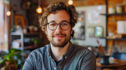 Obraz premium Portrait of handsome man with curly hair looking at camera in cafe