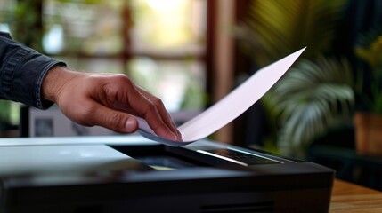 A hand placing a piece of paper on a flatbed scanner with a laptop in the background, captured with selective focus and motion blur.