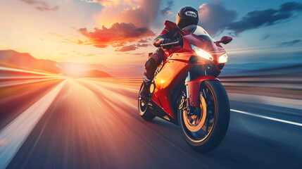 Motorcyclist in motion: racing on the road against a stunning sunset backdrop