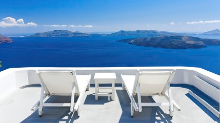 Fototapeta premium Santorinis Azure Embrace: A Sun-Kissed Terrace