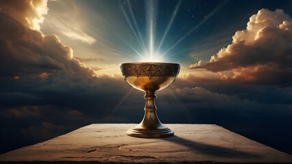 Eucharist. The table represents the Lord's Supper, with the host and sacred chalice in the heavens. digital illustration