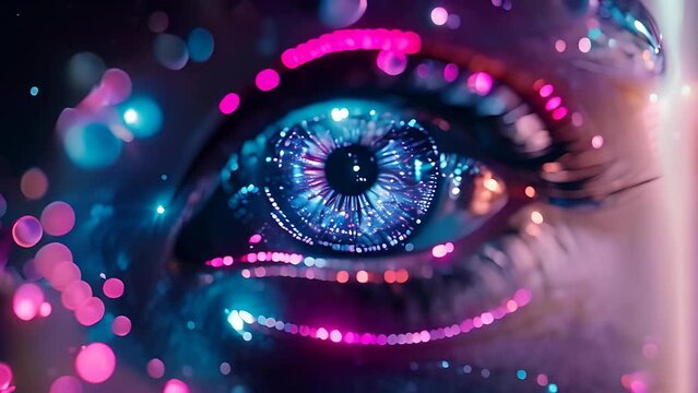 woman eye with glowing iris and futuristic technology. Abstract beauty in optical design. Blue color closeup of eyeball, lashes and makeup. Beautiful vision in fantasy background.