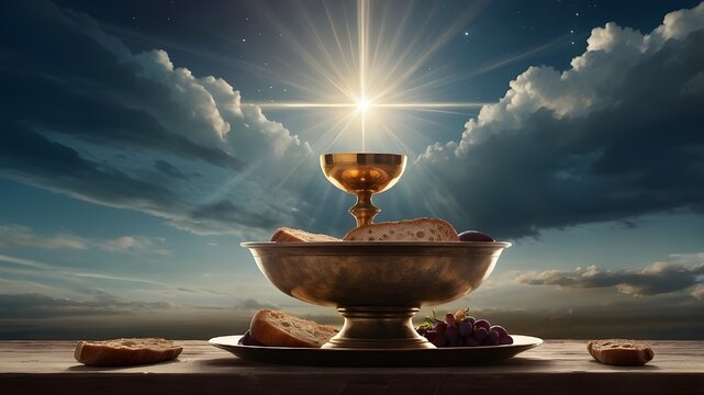 Eucharist. The table represents the Lord's Supper, with the host and sacred chalice in the heavens. digital illustration
