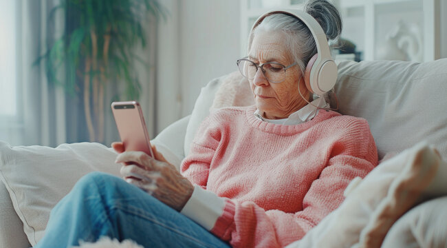 Elderly woman relaxing on the sofa, listening to music with headphones and holding an iPhone in her hand, enjoying leisure time at home