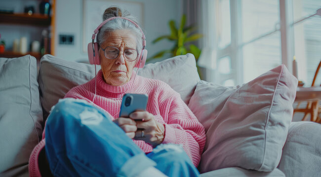 Elderly woman relaxing on the sofa, listening to music with headphones and holding an iPhone in her hand, enjoying leisure time at home