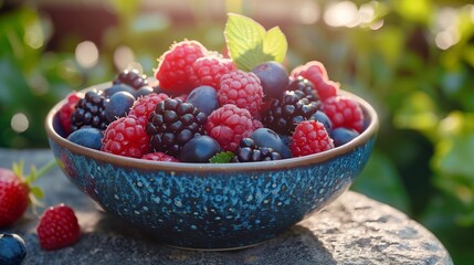 A vibrant bowl of fresh mixed berries, including raspberries, blackberries, and blueberries, set outdoors in natural light.
