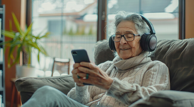 Elderly woman relaxing on the sofa, listening to music with headphones and holding an iPhone in her hand, enjoying leisure time at home