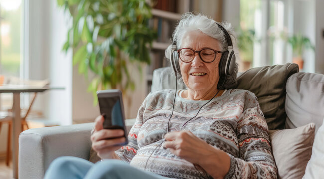 Elderly woman relaxing on the sofa, listening to music with headphones and holding an iPhone in her hand, enjoying leisure time at home