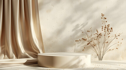 Minimal abstract beige background with podium and wave satin curtain Round pedestal for natural cosmetics presentation 3d ing