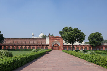 Fototapeta premium An Eye catching view of a Facade of the famous Baby Taj mahal or 'Itmad-ud-daula', a mausoleum built by 'Nur Jahan' in memory of her father at Agra, India..