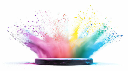 Podium with rainbow color powder chalk explosion in the back Isolated on white background