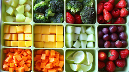 Plastic containers with various vegetables and fruits.