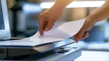 A hand placing a piece of paper on a flatbed scanner with a laptop in the background.