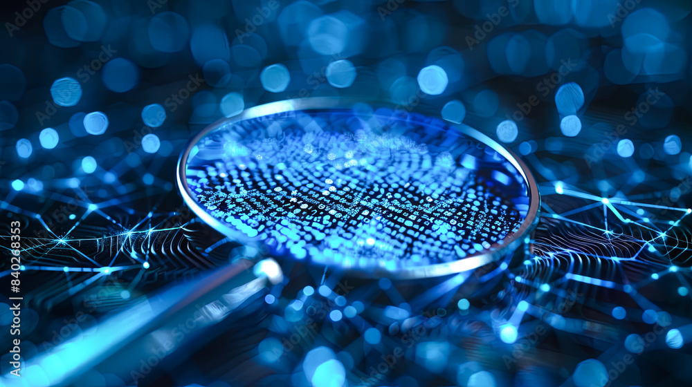Poster magnifying glass focusing on blue binary code data stream with abstract technology background repres