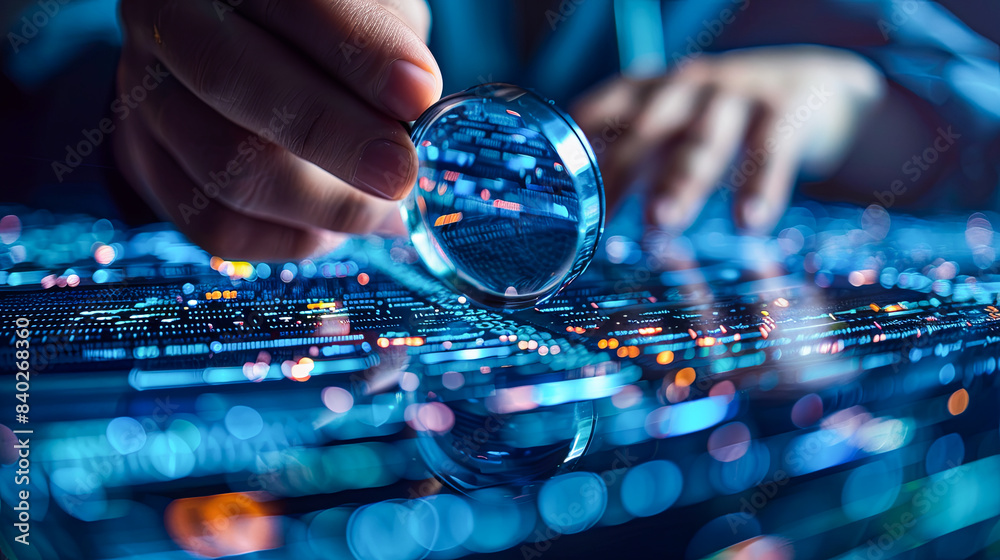 Poster hacker using a magnifying glass to steal data on a computer keyboard