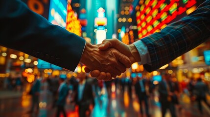Two business professionals shaking hands in a busy city street at night, with colorful lights and blurred crowd in the background.