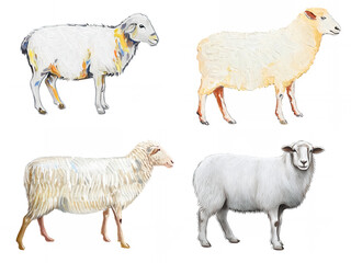 アナログタッチ、手描き風の羊、ひつじのイラストセット　未年　年賀状素材　AI生成画像　