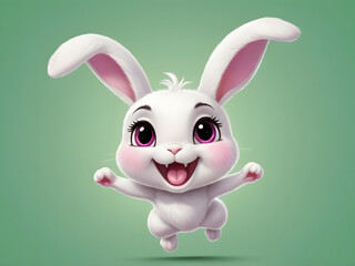 White bunny, pink ears, big cute black eyes. He jumps up and smiles.