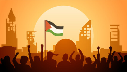 Illustration of crowd people demonstration in Palestine damaged city