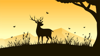 Landscape illustration of silhouette deer at meadow with butterflies