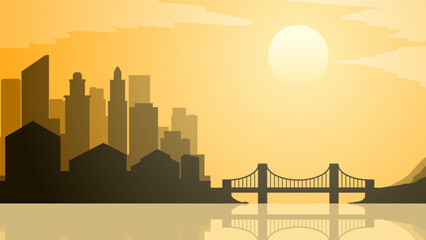Obraz premium Cityscape illustration of bridge and buildings with water reflection