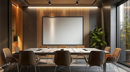 Fototapeta premium Modern Luxury Workspace Business Cards Prototypes and Presentation Screen in Creative Meeting Room