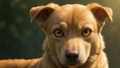 A dog with an intense gaze and golden fur, captured in a natural outdoor setting. The image conveys alertness and focus, ideal for themes related to pets, nature, and animal behavior.