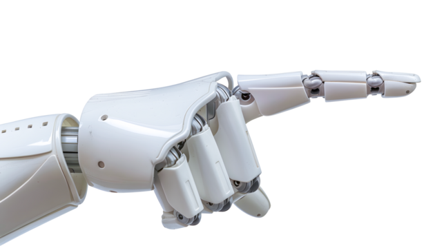 Robot hand pointing index finger, showing gesture, isolated on transparency background. technology of artificial intelligence , PNG cut out
